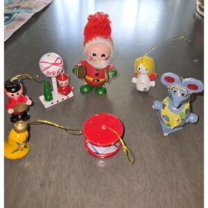 Vintage Wooden Christmas Ornaments Set of 7 Hand Painted Multicolor Taiwan